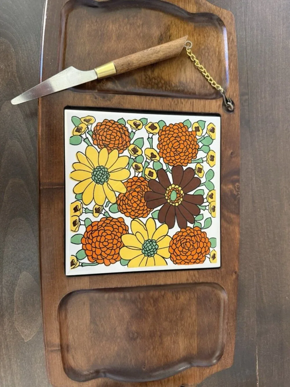 Vintage Gail Craft Wooden Cheese Board  Floral Center Trivet and Knife 1970's